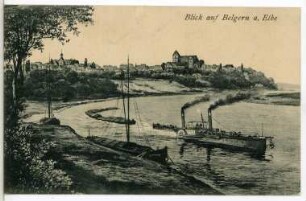 Belgern. Blick auf Belgern und die Elbe mit Schleppzug