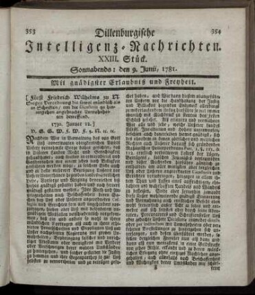 XXIII. Stück. Sonnabends: den 9. Junii 1781.
