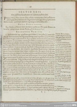 Sectio XXII. Cur iustitia fidei dicatur in S. literis iustitia Dei