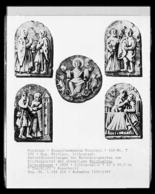 Reliefdarstellungen der Barmherzigkeiten vom Kirchenportal der ehemaligen Reichsabtei Petershausen