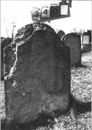 Grabstein 340 (Index: 99786265) Zustand: fast vollständig abgeblättert Maße HxBxT: 83x62x13 cm: Grabstein 340