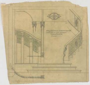 Dolmetsch, Theodor; Schorndorf; Kirche - Geländer an der südlichen Emporentreppe (Grundriss, Ansichten, Schnitt, Details)