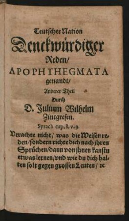 2: Teutscher Nation Denckwürdiger Reden/ Apophthegmata genandt/ Anderer Theil