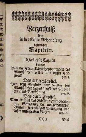 Verzeichniß derer in der Ersten Abhandlung befindlichen Capiteln.