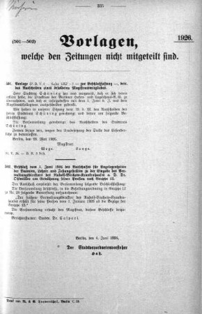 Anlage: (501-502), Vorlagen, welche den Zeitungen nicht mitgeteilt sind, 4. Juni 1926
