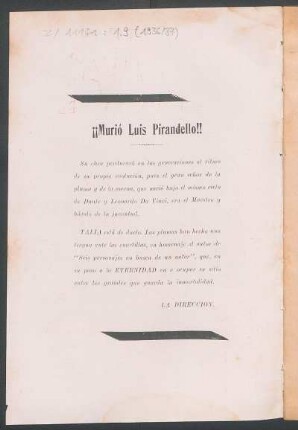 ¡¡Murió Luis Pirandello!!