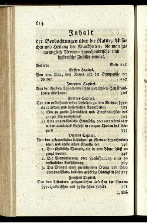 Inhalt der Beobachtungen über die Natur, Ursachen und Heilung der Krankheiten, die man gemeiniglich Nerven- hypochondrische und hysterische Zufälle nennet.