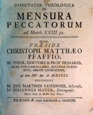 Disputatio Theologica De Mensura Peccatorum ad Matth. XXIII. 32.