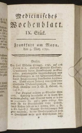 IX. Stück. Frankfurt am Mayn, den 3. Merz 1781. - XIII. Stück. Frankfurt am Mayn, den 31. Merz 1781.