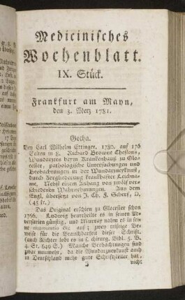 IX. Stück. Frankfurt am Mayn, den 3. Merz 1781. - XIII. Stück. Frankfurt am Mayn, den 31. Merz 1781.
