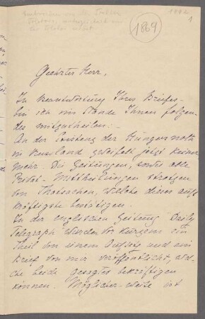 Lev N. Tolstoj (1828 - 1910) Autographen: Briefe von Lev N. Tolstoj an verschiedene Adressaten - BSB Autogr.Cim. Tolstoj, Lev N., 1. Lev N. Tolstoj (1828 - 1910) Autographen: Brief von Lev N. Tolstoj an Robert Piloty - BSB Autogr.Cim. Tolstoj, Lev N..1