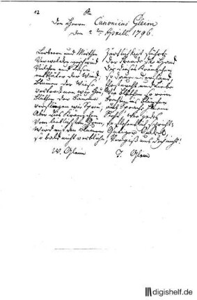12: Brief von Maria Tugendreich geb. Fromme; Gleim, Johann Wilhelm Ludwig der Jüngere Gleim an Johann Wilhelm Ludwig Gleim