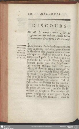 Discours De M. Lomonosovv, sur la génération des métaux causée par le mouvement de la terre à Petersbourg