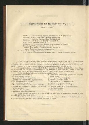 Vereinsbeamte für das Jahr 1886-87