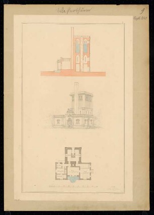 Wasserturm Monatskonkurrenz September 1841: Grundriss Erdgeschoss, perspektivische Ansicht, Querschnitt; Maßstabsleiste
