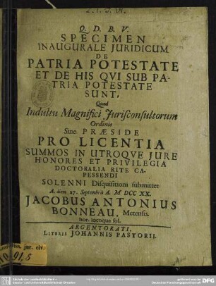 Specimen Inaugurale Iuridicum De Patria Potestate Et De His Qui Sub Patria Potestate Sunt