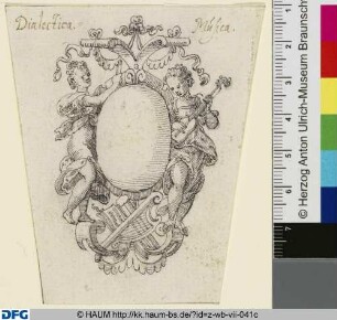 Leeres Schild mit allegorischen Figuren (Dialectica und Musica)