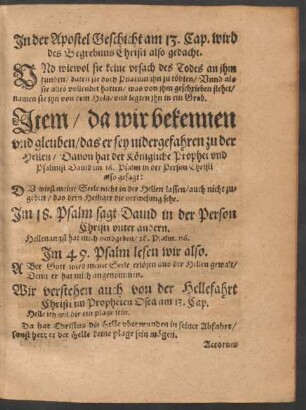 Item/ da wir bekennen und gleuben/ das er sey nidergeafahren zu der Hellen ...
