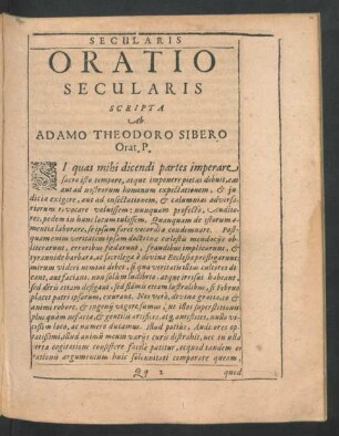 Oratio Secularis Scripta Ab Adamo Theodoro Sibero