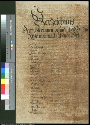 Verzeichnüs derer hierinnen befindlichen Grundriße über nachstehende Orthe