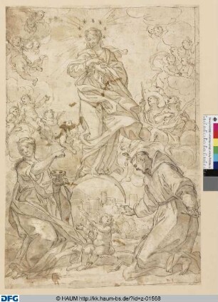 Maria auf der Mondsichel mit den Heiligen Barbara (?) und Franziskus