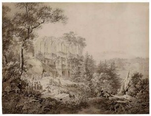 Die Klosterruine in Oybin im Zittauer Gebirge, Blick über den Friedhof aus nordöstlicher Richtung