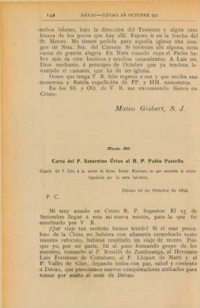 Núm. 36. Carta del P. Saturnino Úrios al R. P. Pablo Pastells