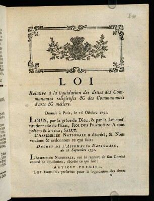 1-7, Loi Relative à la liquidation des dettes des Communautés religieuses & des Communautés d'arts & métiers