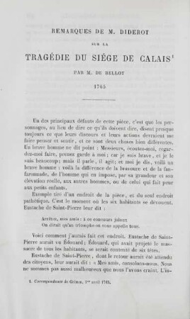 Remarques de M. Diderot sur la tragédie du siége de Calais par M. de Belloy