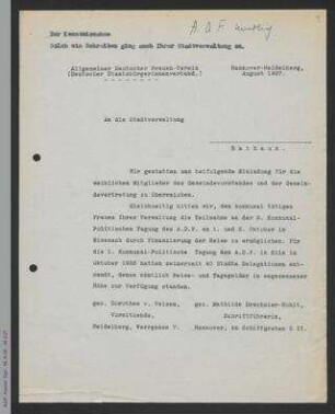 Rundschreiben von Dorothee von Velsen und Mathilde Drechsler an Stadtverwaltungen