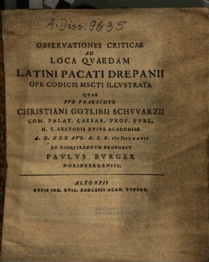 Observationes Criticae Ad Loca Qvaedam Latini Pacati Drepanii Ope Codicis Mscti Illvstrata