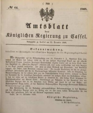 № 64. Ausgegeben zu Cassel am 22. December 1868.
