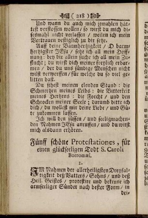 Fünff schöne Protestationes, für einen glückseeligen Todt S. Caroli Borromæi