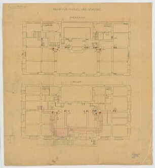 Thiersch, Friedrich von; München; Haus für Handel und Gewerbe - Heizung, Ventilation (Grundriss Keller, Grundriss EG)