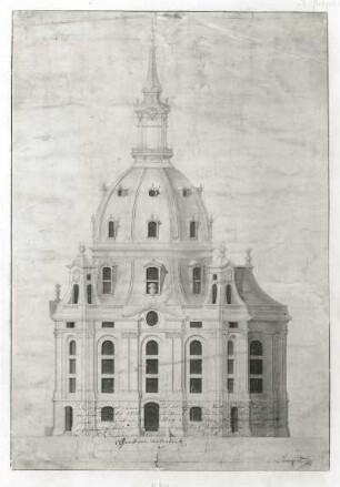 Frauenkirche : Bähr, George: Frauenkirche. Entwurf zum Aufriß der Südseite. Federzeichnung; 654 x 457 mm. 1726, Dresden: Stadtarchiv R 18