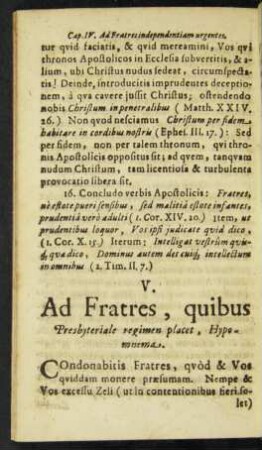 V. Ad Fratres, quibus Presbyteriale regimen placet, Hypomnema.