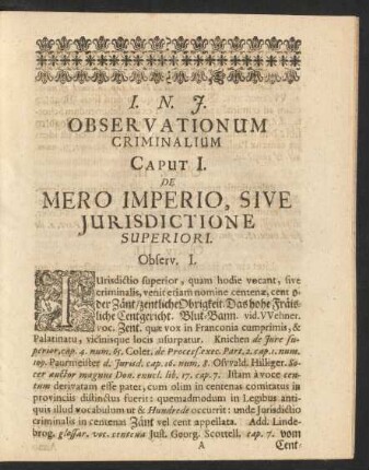 Observationum Criminalium Caput I: De Mero Imperio, Sive Iurisdictione Superiori.
