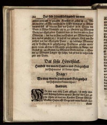 Dat söste Hövetstück. Handelt wo men de Landen und Gelegenheit des Fahrwaters sal kennen lehren