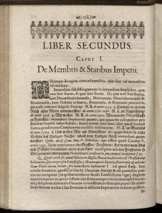 Caput I. [ - ] Caput V.; De Membris & Statibus Imperii; De Juribus Statuum Imperii; De Jurisdictione Ecclesiastica; De Jure Patronatus; De Jure condendi LL.&Statuta.