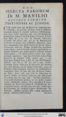 Selecta Variorum De M. Manilio Ejusque Carmine Testimonia Ac Judicia.