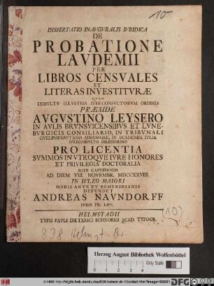 Dissertatio Inavgvralis Ivridica De Probatione Lavdemii Per Libros Censvales Et Literas Investitvræ