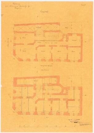 Wohnhaus, Glogau: Grundriss Untergeschoss (Souterrain), Erdgeschoss, Maßstabsleiste