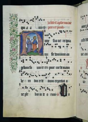 Historisierte Initiale (Apostel Petrus und Paulus): N(unc)