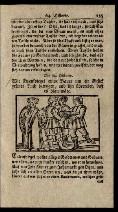 Die 64. Historie. Wie Eulenspiegel einen Bauer um ein Stück grünes Tuch betrogen, und ihn überredet, daß es blau wäre