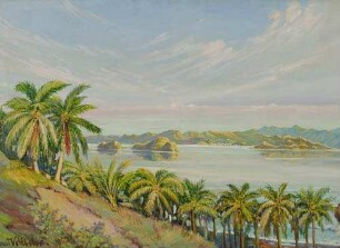 Blick von der Kokosnussinsel Mahaba (Philippinen) auf das Samar Eiland und den Ort Catbalogan bei Morgensonne