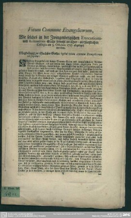 Votum Commune Evangelicorum, Wie solches in der Zwingenbergischen Executions- und Restitutions-Sache sowohl im Chur- als Fürstlichen Collegio am 3. Octobris 1727. abgeleget worden