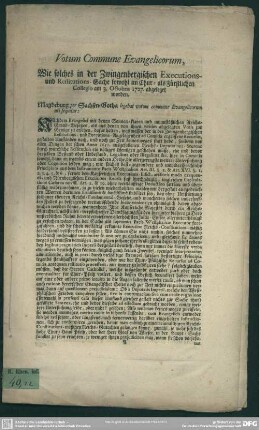 Votum Commune Evangelicorum, Wie solches in der Zwingenbergischen Executions- und Restitutions-Sache sowohl im Chur- als Fürstlichen Collegio am 3. Octobris 1727. abgeleget worden