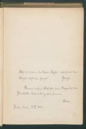 Wissenschaftliche Beiträge zum Gedächtnis der hundertjährigen Wiederkehr des Antritts von Alexander von Humboldt's Reise nach Amerika am 5. Juni 1799 / Aus Anlaß des 7. Internat. Geographen-Kongresses hrsg. v. d. Gesellschaft für Erdkunde zu Berlin. Enth.:Lentz, Eduard: Alexander von Humboldt's Aufbruch zur Reise nach Süd-Amerika / Nach ungedruckten Briefen A.v. Humboldt's an Baron v. Forell dargest. v. Eduard Lentz. - 54 S.:2 Facs. in 8 S., S.(3)-54 Engler, A.:Die Entwicklung der Pflanzengeographie in den letzten hundert Jahren und weitere Aufgaben derselben / Von A. Engler. - 247 S. Meinardus, Wilhelm: Die Entwickelung der Karten der Jahres-Isothermen von Alexander von Humboldt bis auf Heinrich Wilhelm Dove / Von Wilhelm Meinardus. - 32 S.:2 Falttaf.(davon 1 color.)