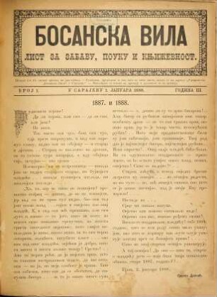 Bosanska vila : list za književnost, kulturu i društvena pitanja. 3. 1888, Broj 1 - 24