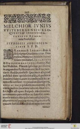 Melchior Ivnivs VVitebergensis: Eloqvuentiae Argentoratensi in Academia Professor: Stvdiosis adolescentibvs S.P.D.